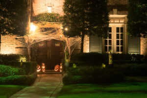 The house is decorated for Halloween: the entrance to the house