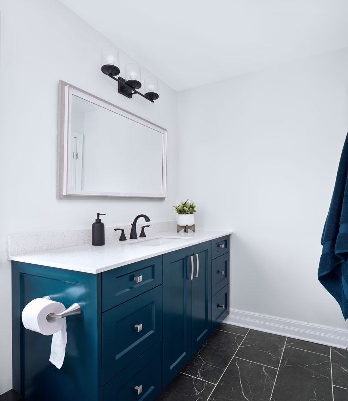 minimalist white and blue bathroom